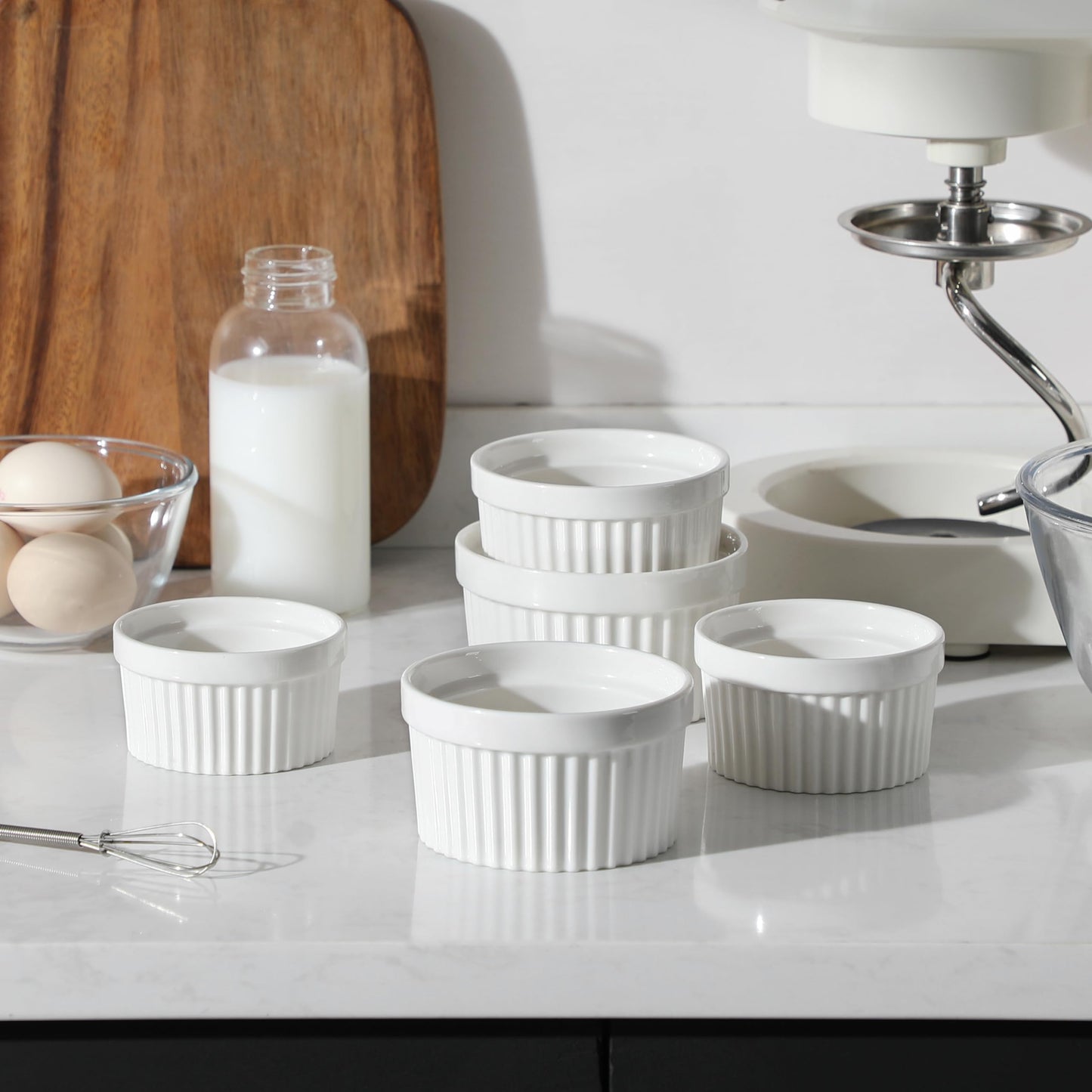MALACASA Ramekins 10 oz Oven Safe, Porcelain Creme Brulee Ramekins Pudding Custard Cups Large Ceramic Souffle Dishes Ramakan Ramiken Ramicans Baking Bowls Set of 6, White, Series RAMEKIN-DISH