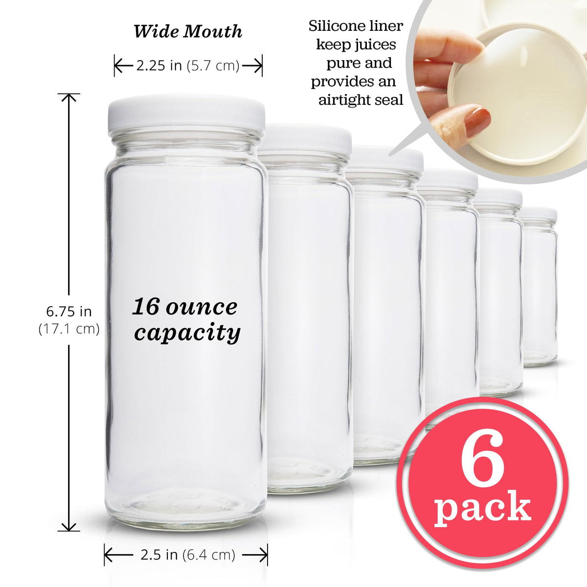 16oz Glass Juice Bottles with Lids - 6 Pack Wide Mouth Glass Water Bottles for Juices, Smoothies, Beverage Storage - Durable, Reusable, Dishwasher Safe, Glass Bottles for Juicing (White Caps)