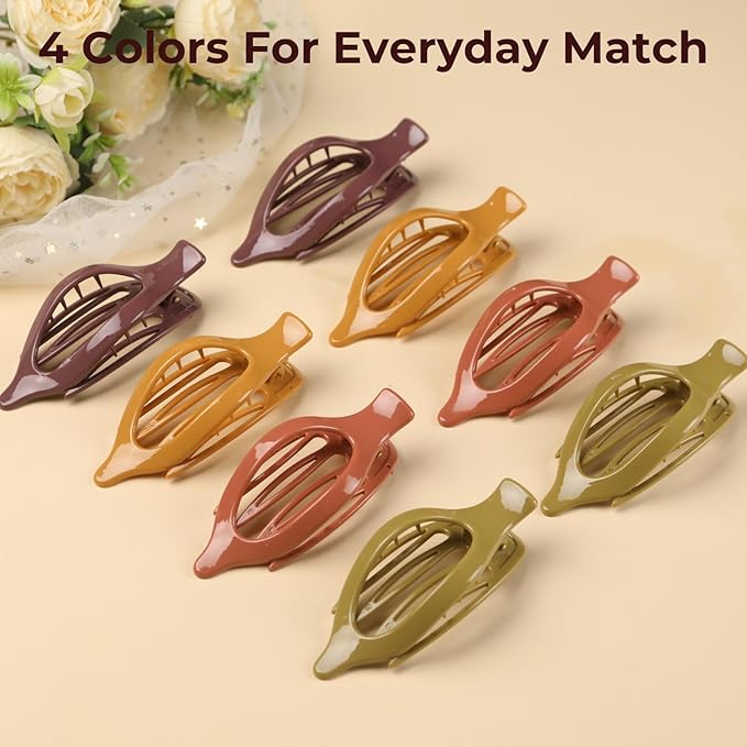 8 Pack Glossy Flat Hair Clips for Women – Large No-Slip Claw Barrettes in Mustard, Orange, Rust Red & Plum, Shiny Finish Strong Hold for Thick & Thin Hair