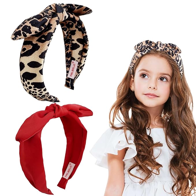 Bow Headbands for Girls, Leopard Print Thin Headband with Bow Women Hair Accessories Fashion Knotted Head Band Non Slip Hairband Hair Hoops for Girls (Red and Leopard Print, 2Pcs)