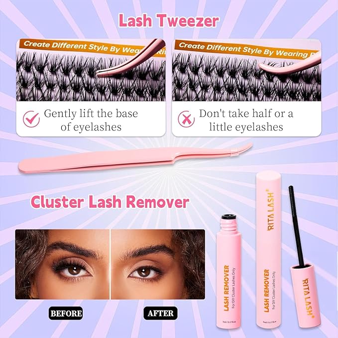 RITALASH Lash Extension Kit DIY Lash Clusters 800pcs Cluster Lashes Individual Lashes Book Set Eyelash Extension Kit with Lash Bond and Seal,Lash Remover,Lash Tweezers(20D+40D+60D+100D Kit,8-16mm)