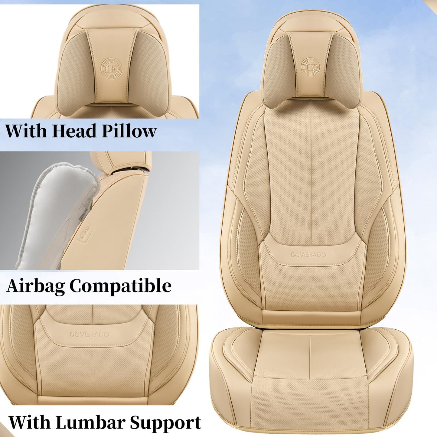 Coverado Universal Seat Covers Full Set, 5 Seats Universal Seat Covers for Cars, Waterproof NAPPA Leather Car Seat Covers with Head Pillow, Seat Protectors Fit for Most Sedans SUV Pick-up Truck, Beige