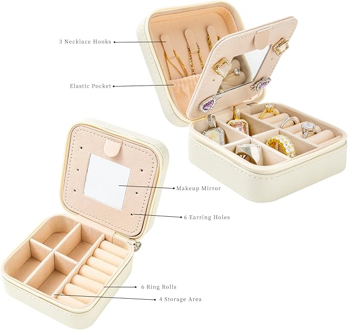 KElofoN Travel jewelry case Travel jewelry box Travel Jewelry Organizer Small Jewelry Organizer Box Gift for Girls Women with Mirror(White)