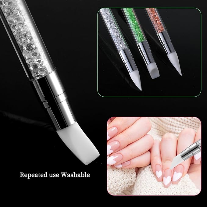 3 Pcs Nail Art Sculpture Pen, Dual Tipped Silicone Nail Tools, Acrylic Nail Art Brushes, Rhinestone Nail Polish Carving Pen, Nail Art Tools for Home Salon (White, Green, Orange)