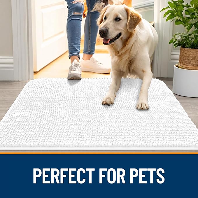 OLANLY Dog Door Mat for Muddy Paws 59x32, Absorbs Moisture and Dirt, Absorbent Non-Slip Washable Doormat, Quick Dry Chenille Mud Mat for Dogs, Entry Indoor Entryway Carpet for Inside Floor, White