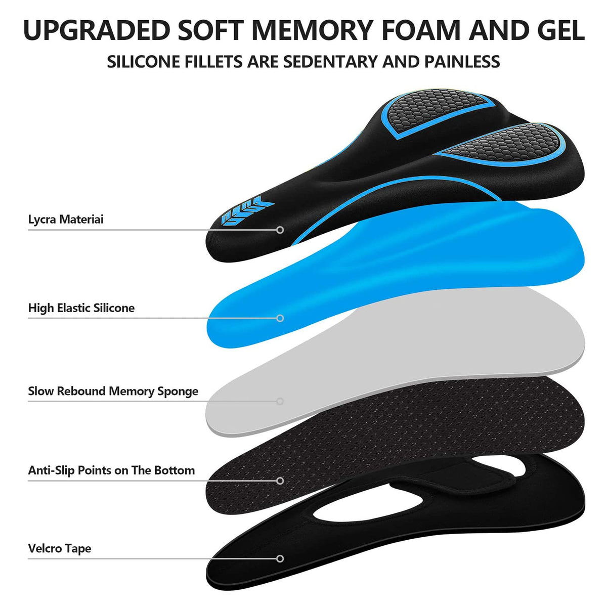 Bike Seat Cushion - Gel Padded Bike Seat Cover for Men Women Comfort, Extra Soft Exercise Bicycle Seat Compatible with Peloton, Outdoor & Indoor with Adjustable Velcro Secure Blue