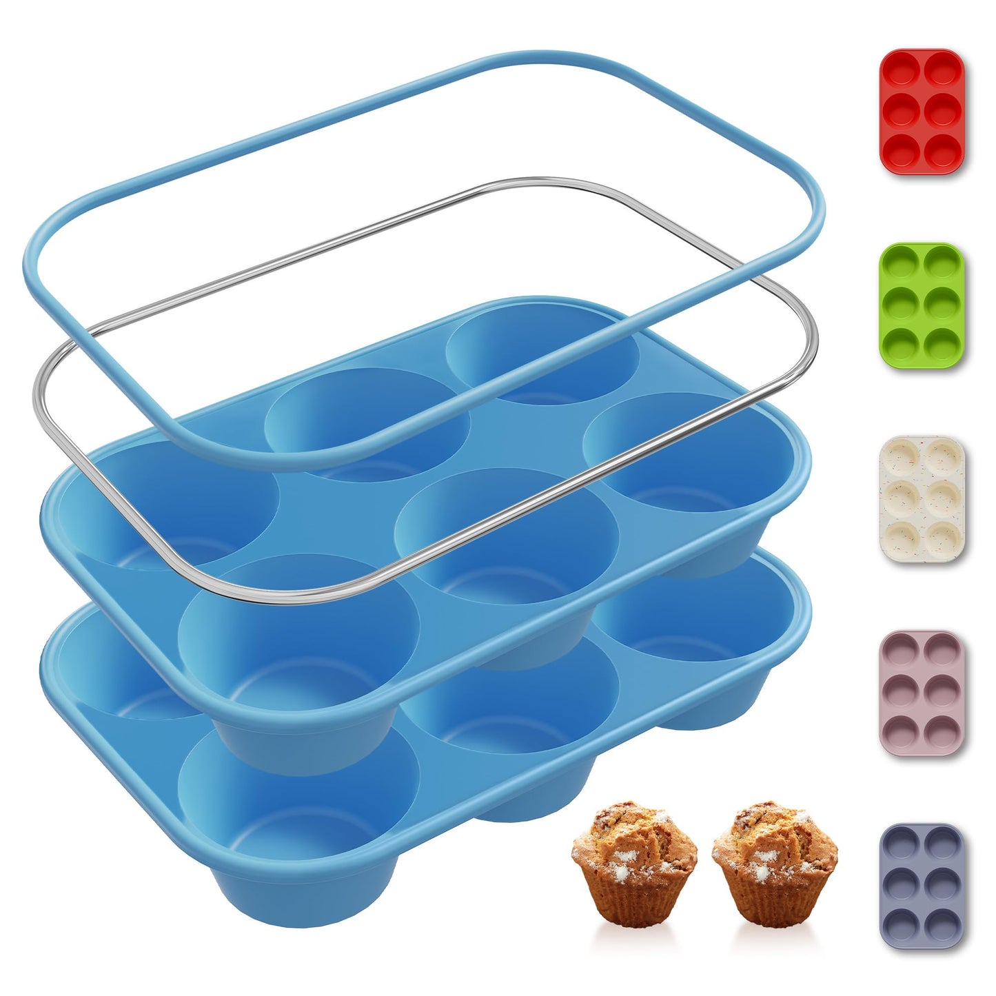 2 Pack 6 Cups Jumbo Muffin Pan with Metal Reinforced Frame Silicone Molds Cupcake Cake Baking Pans Oven Safe Silicone Molds Cookie Muffin Pan Tin Best Baking Sheets Non Toxic Clearance