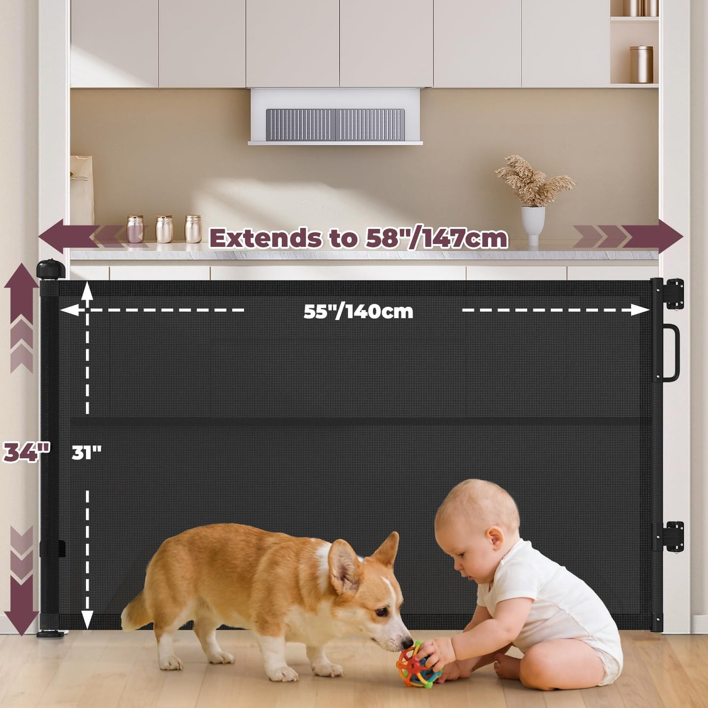 Retractable Baby Gates for Doorways, 58" Extra Wide Mesh Child Dog Gate for Stairs, 34" Tall Toddler Pet Gate Indoor and Outdoor, Easy Install, Essential for Home Safety, Black
