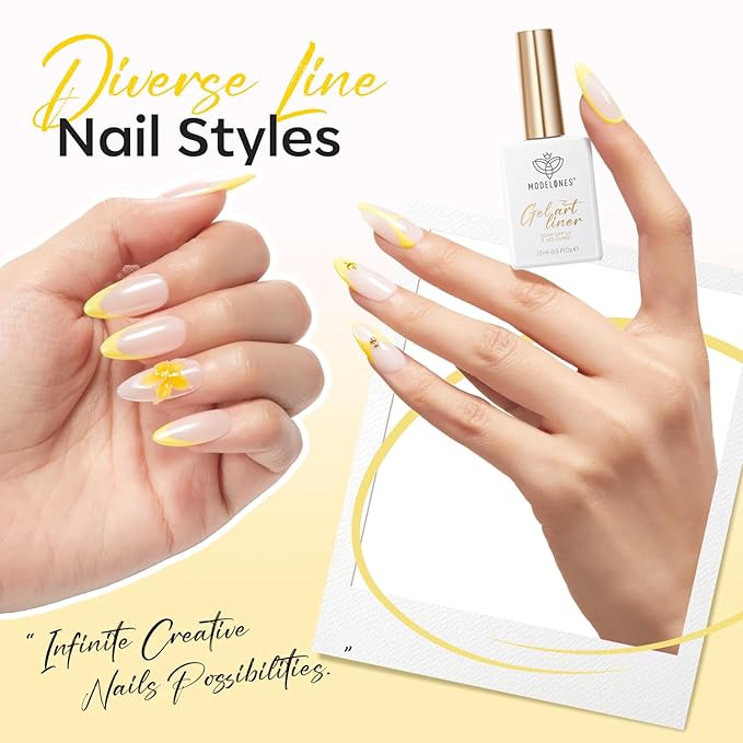 modelones Yellow French Tip Liner Gel Polish, 15 ML Butter Light Yellow Pastel Color Nail Art Paint Swirl with Fine Line Brush Soak Off U V DIY Home Salon Professional Manicure Design Gift for Women