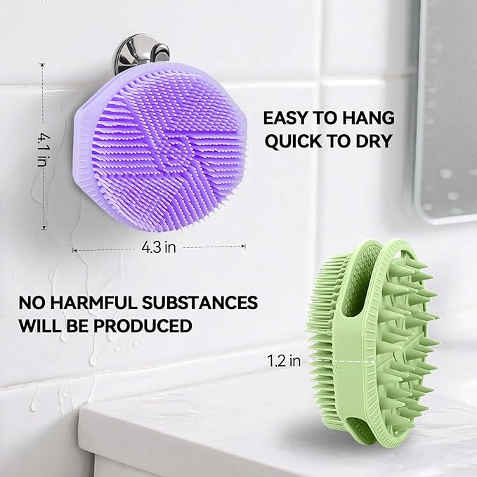 2-Pack Soft Silicone Dual-Sided Body Scrubber & Loofah | Gentle Exfoliating Shower Brush for Men & Women | Creates Rich Lather, Easy to Clean (Green & Purple)