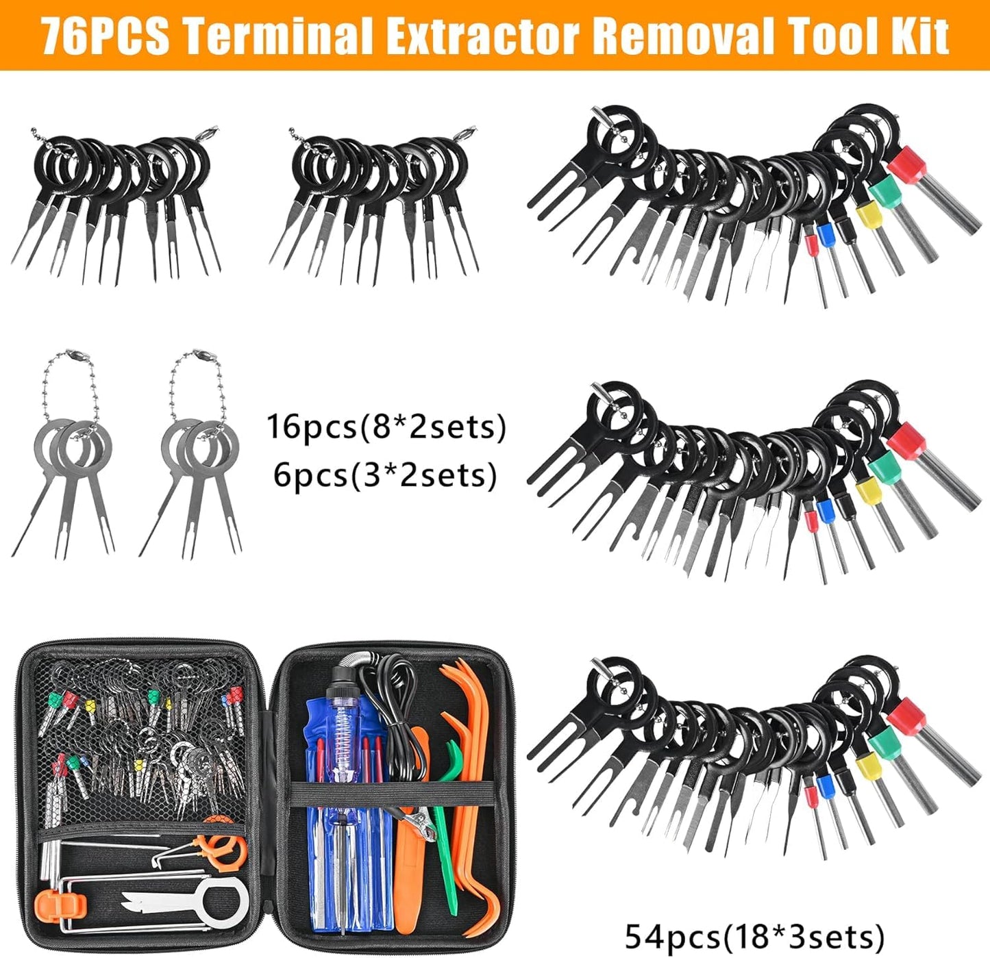 Terminal Removal Kit 96 Pcs - Electrical Connector Pin Extractor Set for Automotive, Car, Household Devices - Depinning and Wire Terminal Release Tools