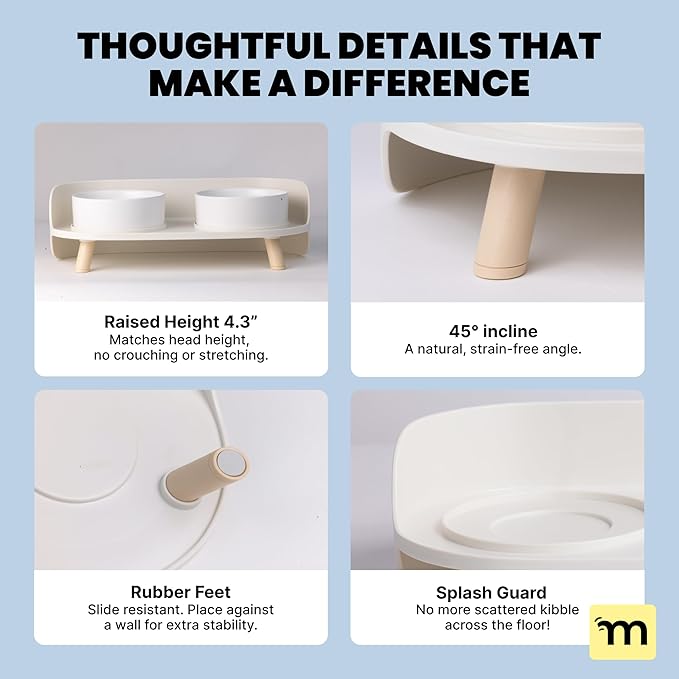 MalsiPree Dog Bowls Elevated & Pet Bowls - Small, Sand Beige - 45° Tilt Stand with Splash Guard - Dog Feeding Station with Ceramic Dishes for Food & Water