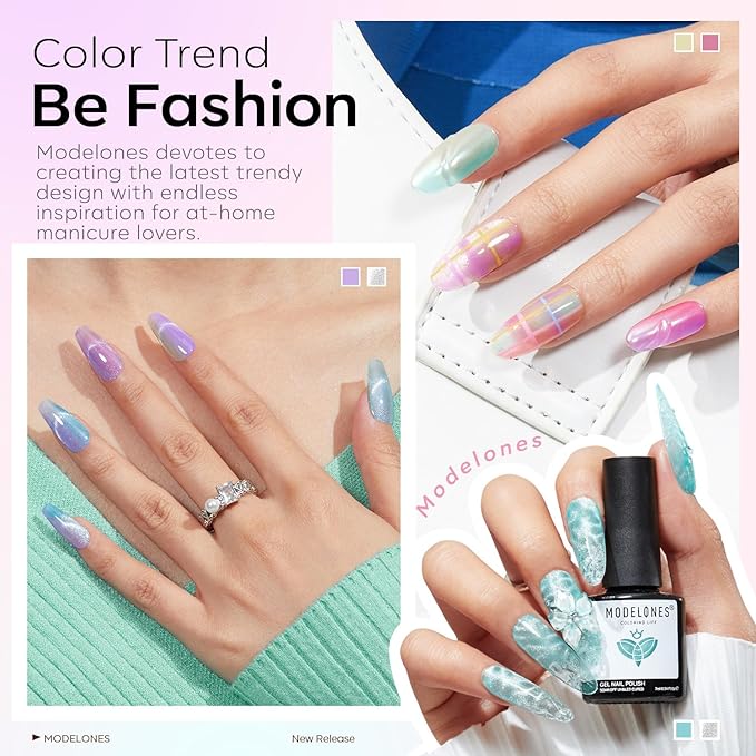 modelones Gel Nail Polish Set, 6 Colors 2026 Spring Summer Silver Cat Eye Gel Polish Translucent Pastel Sheer Pink Yellow Lavender Purple Baby Blue Mint Green Jelly Nail Polish W Magnet LED DIY Gift