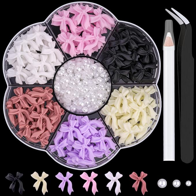 BELLEBOOST 1 Box 3D Bow Nail Charms and Flatback Pearls Set 7, 120 Pcs Cute Bow Charms in 6 Colors for Nail Design + 2-4mm White Nail Pearls with Pickup Tweezer and Pencil for Nail Art Decoration