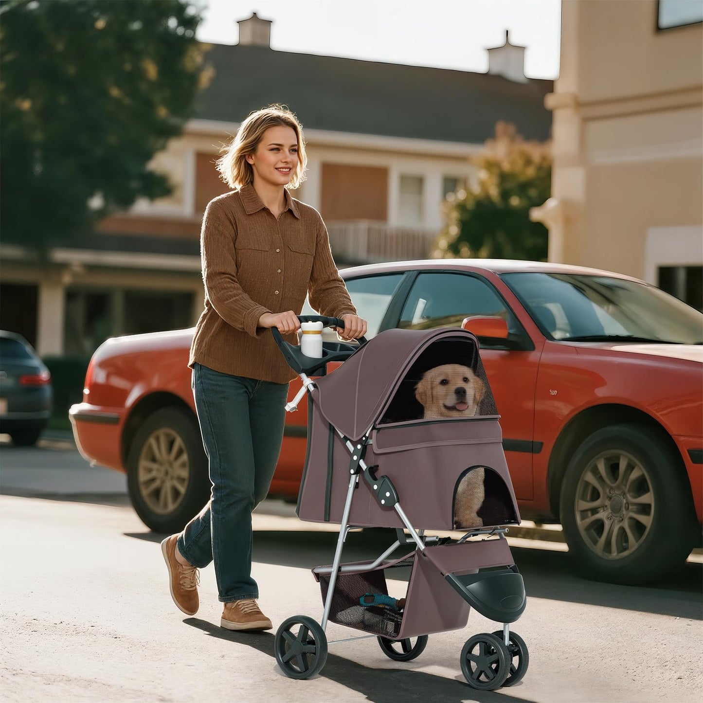 Pet Stroller for Small Dogs 10 lbs, Dog Stroller for Medium Dogs 30 lbs, Cat Strollers for 2 Cats, 3 Wheels Foldable Jogger Puppy Stroller with Storage Basket and Cup Holder, Coffee