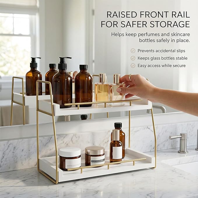 Mustry Bathroom Countertop Organizer, 2-Tier Makeup Organizer for Vanity, Wooden Shelf with Gold Metal Frame for Skincare, Perfume & Decor (White&Gold)
