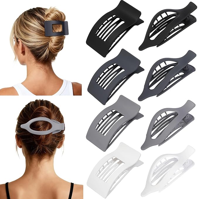 8Pcs French Flat Hair Clips for Women 2 Styles Claw Clips for Girls Matte Flat Hair Claw Clips for Thin and Thick Hair Large Non-slip Strong Hold Hair Accessories for Women (Grey)
