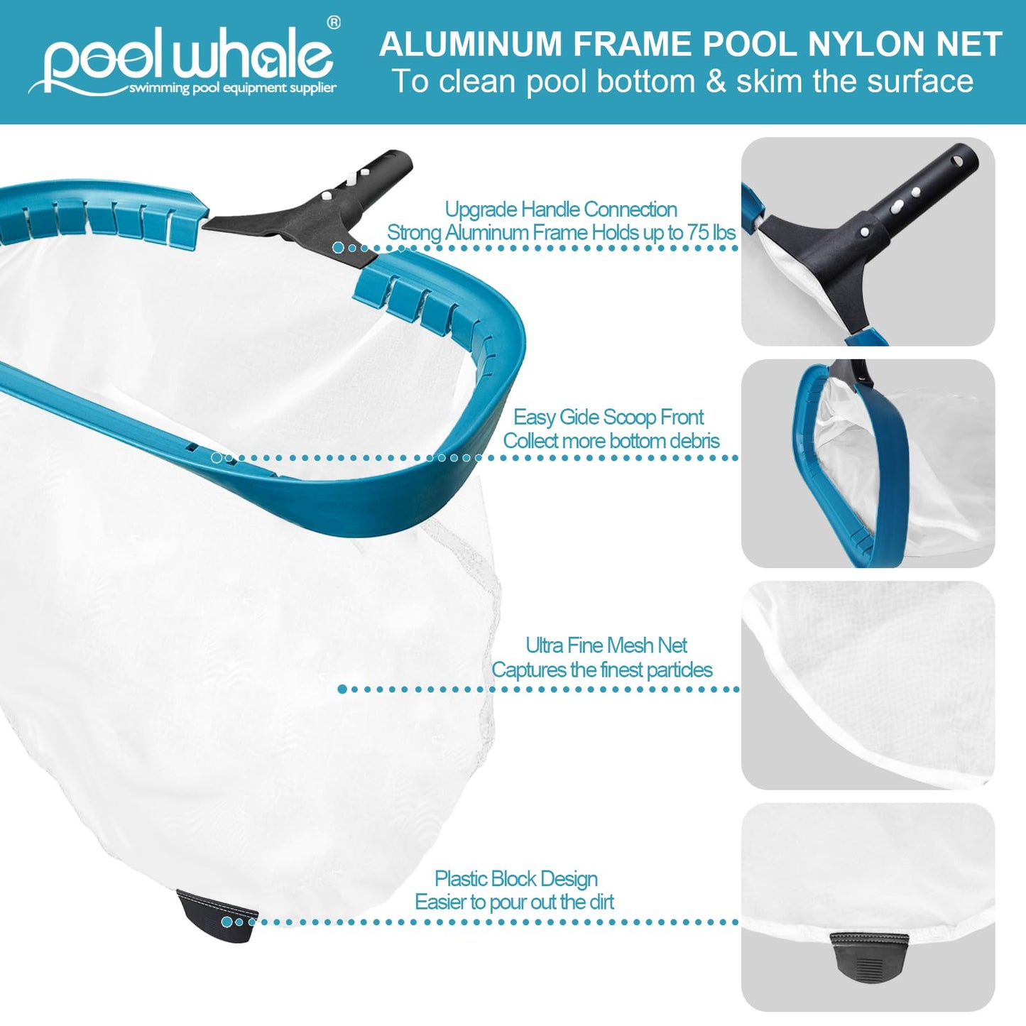 POOLWHALE Pool Net - Professional 20" Swimming Pool Leaf Skimmer Rake, Aluminum Frame Deep Nylon Bag, Ultra Fine Mesh Nets for Cleaning Leaves, Sand, Pollen, Finest Debris (No Pole)