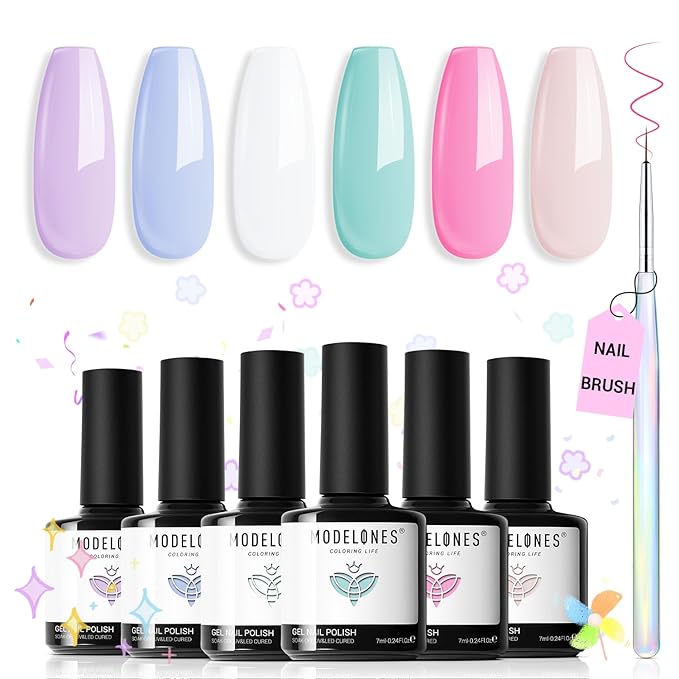 modelones Gel Nail Polish Set, 6 Colors 2026 Spring Summer Pastel Gel Polish Set with Nail Art Liner Brush Soft Pink White Light Purple Blue Green Nude Painting Nail Polish Kit Mothersday DIY Gift