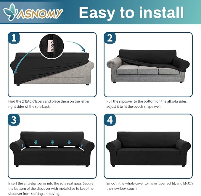 Asnomy Sofa Covers for 2 Cushion Couch Stretch loveseat Cover Slipcovers, Pet Protector Furniture Covers for Dogs Cats Spandex Jacquard Fabric Small Checks（Medium， Black）