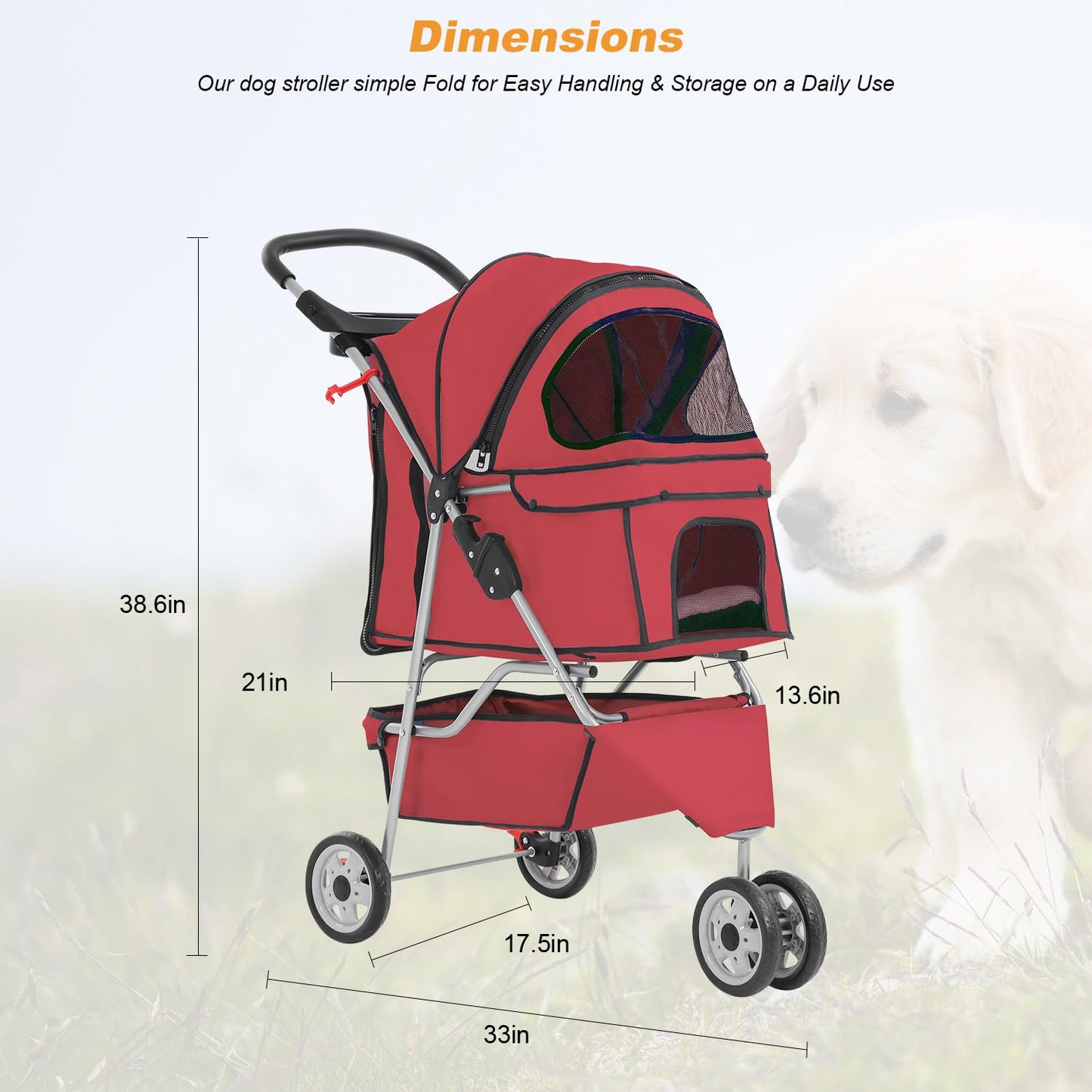 BestPet 3-Wheel Pet Stroller for Dogs & Cats - Folding Travel Carrier with Cup Holder & Removable Liner, Red