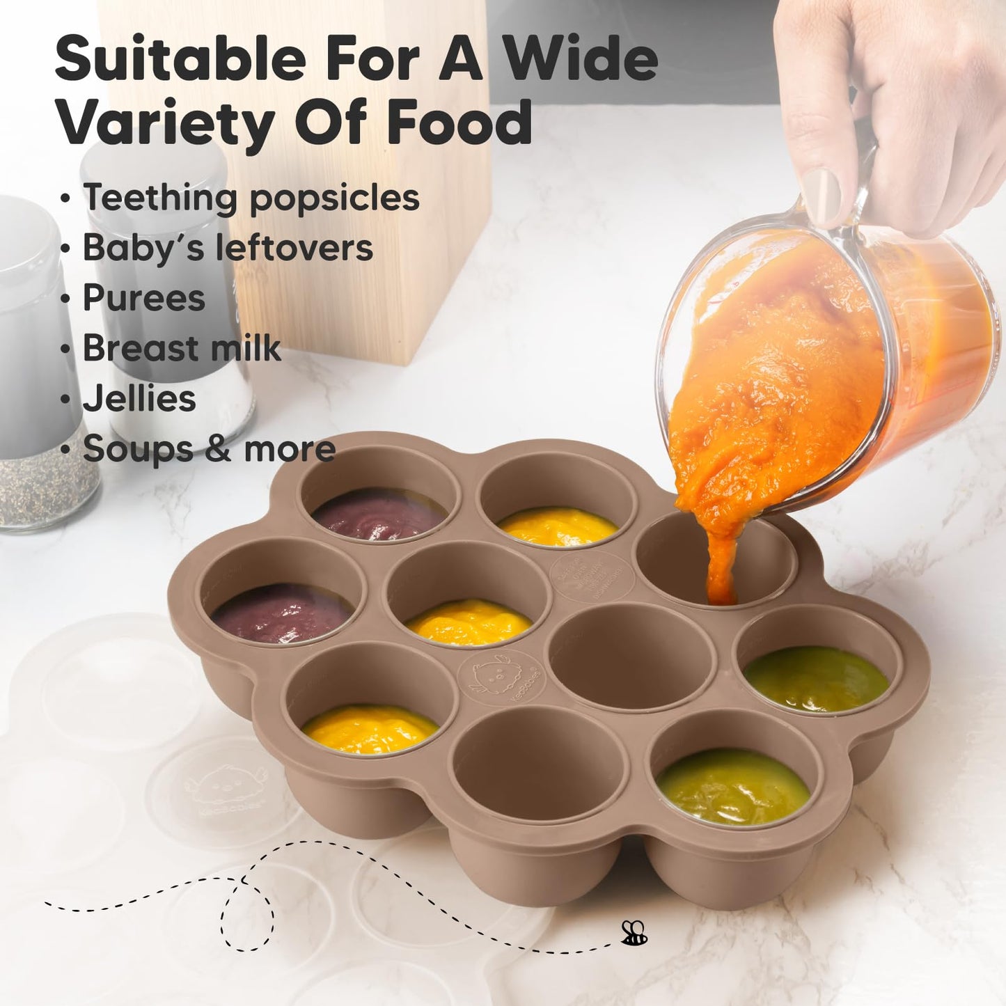 KeaBabies Silicone Food Freezer Trays with Lid, 2oz x 10 Pods Baby Food Storage Containers, Easy Puree Meal Prep, Breast Milk Silicone Freezer Molds, Dishwasher, Microwave Safe, BPA-Free (Chai Latte)