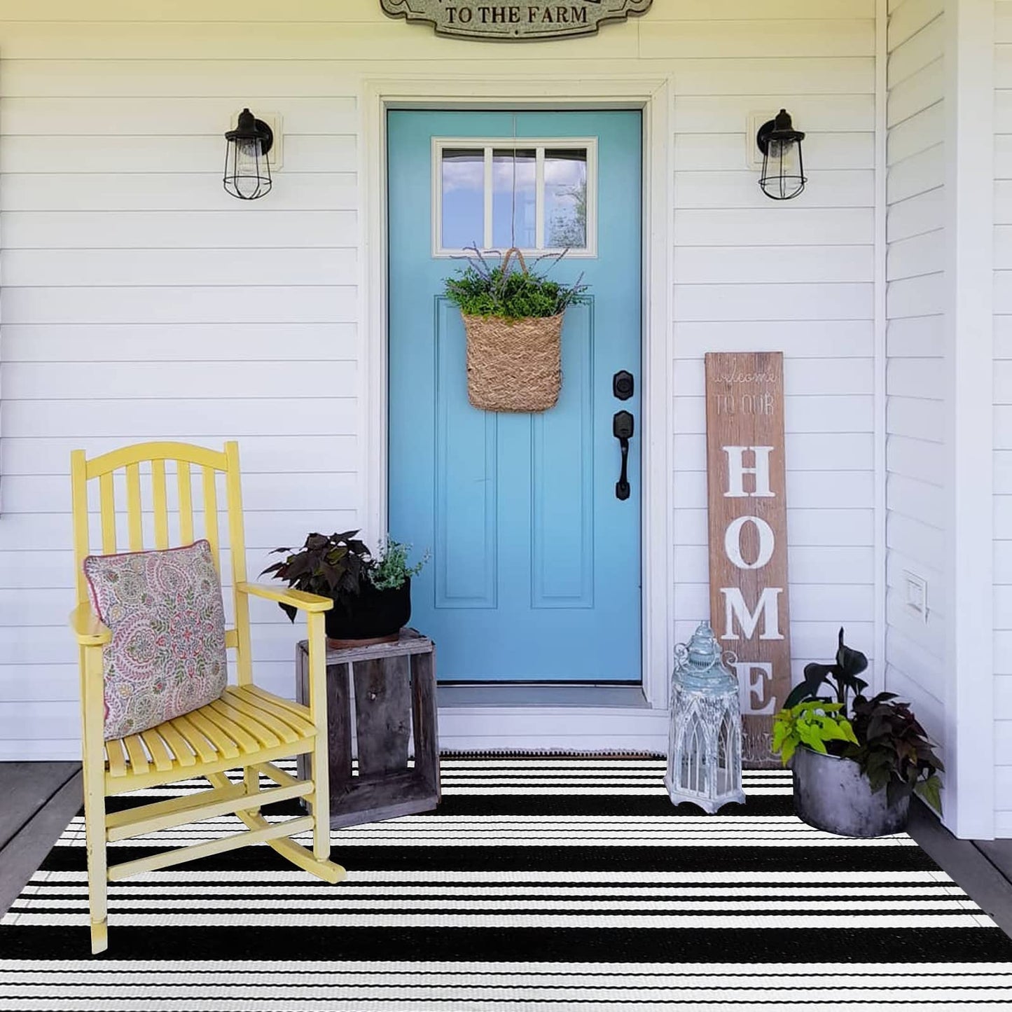 BUAGETUP Black and White Outdoor Rug 3'x 5' Cotton Woven Washable Rug Striped Front Porch Rug Area Rug Floor Mat for Farmhouse/Layered Door Mats/Living Room