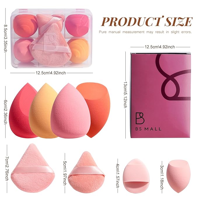 Makeup Sponge Set BS-MALLTriangle Puff 14 Pcs for Liquid, Cream, and Powder, Multi-colored Makeup Sponges and Mini Makeup Sponge (Orangepink)