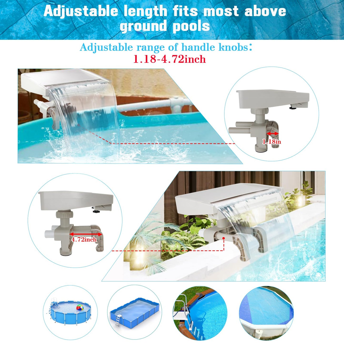 NICENICY Pool Waterfall with 7-Color LED Lights, Swimming Pool Waterfall Fountain for Above Ground Pools, Smooth Flowing Waterfall with Light for Relaxation, Fits 1.2" to 4.7" Above-ground Pool Frames