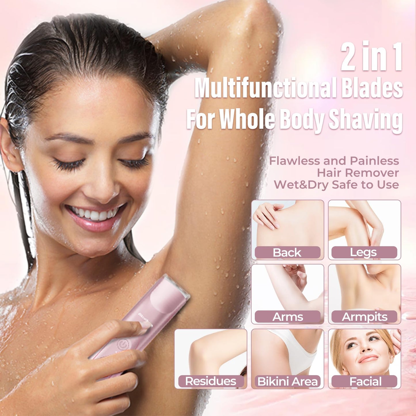 Akunbem Bikini Trimmer for Women - 2 in 1 Electric Razors for Women - Dual Head Electric Shaver - IPX7 Waterproof Wet & Dry Use Body Hair Trimmer and Facial Hair Remover for Bikini Underarm Leg Arm