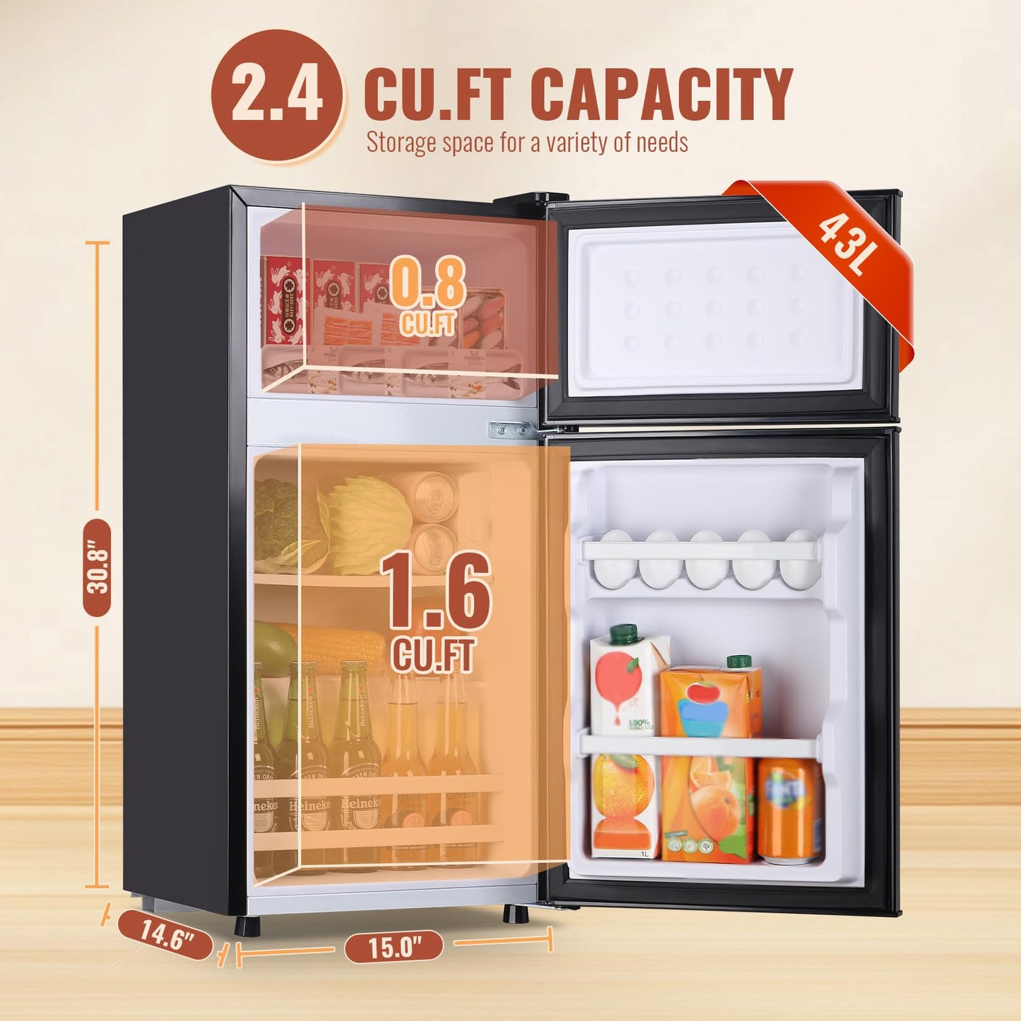 DEMULLER Mini Fridge with Double Doors Small Refrigerator with Separate Freezer & 7 Adjustable Temperature Control, Tiny Size & Personal Fridge Ideal for Office Apartment Dorm Dark Grey