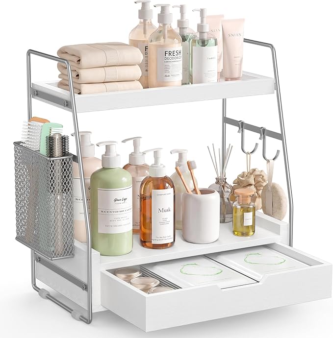 2 Tier Bathroom Counter Organizer Wood - Tiered Bathroom Countertop Shelf with Drawer, Removable Basket & 2 Hooks, Makeup Vanity Organizer for Skincare Perfume Toiletries, 13'' Silver