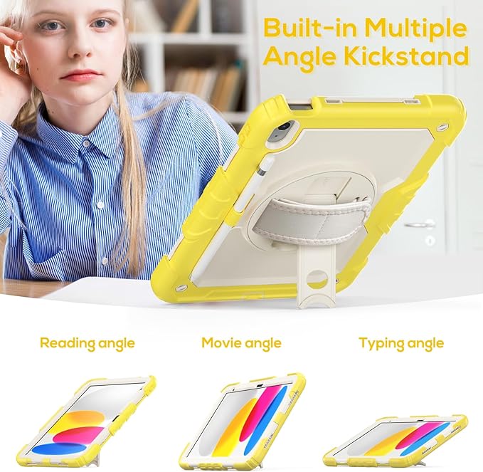 BLOSOMEET Case for iPad A16 11th/10th Generation 11''/10.9'' 2025 2022 with Tempered Glass Screen Protector, Rugged Cute Girls Boys Cover with Stand Hand Shoulder Strap, Fashion Yellow