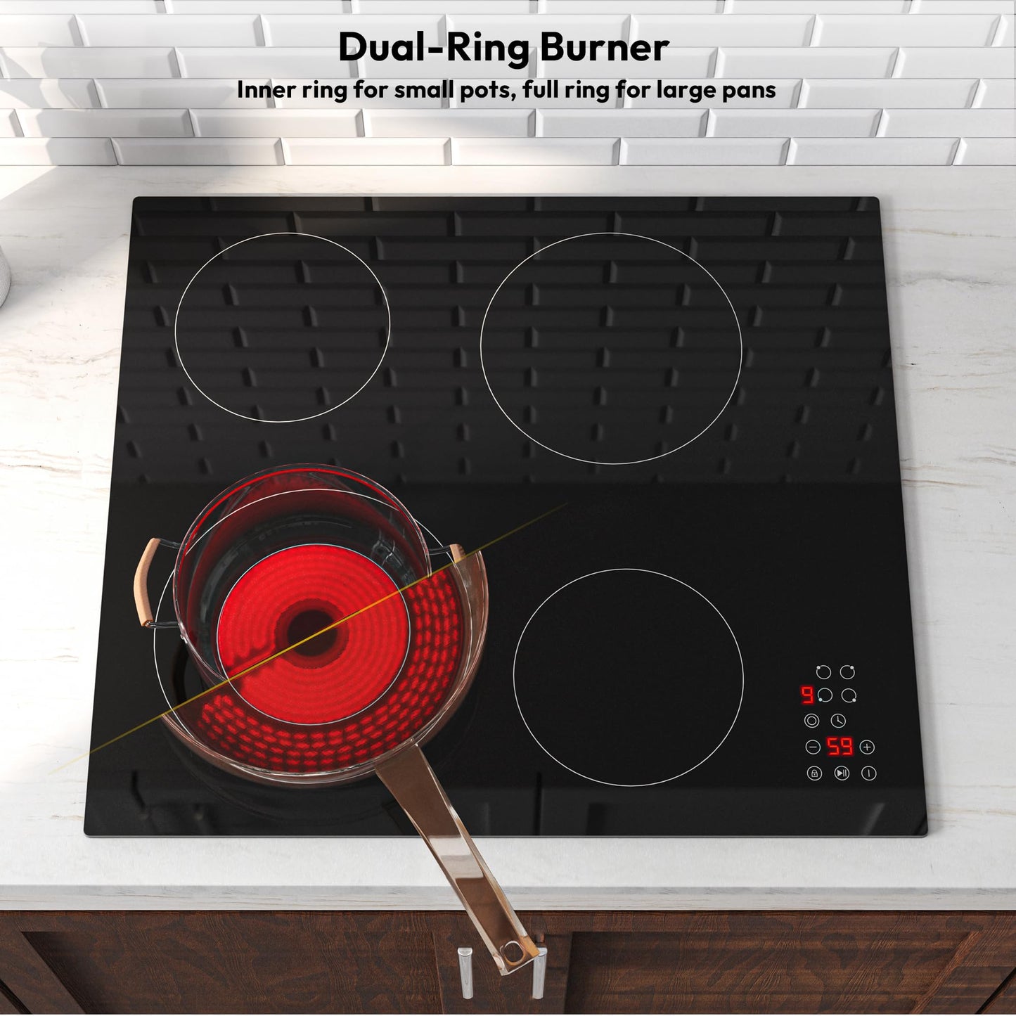 Empava 24 Inch Electric Cooktop, 4 Burners with Dual-Ring Zone, Timer, Child Lock, Stop & Go, Built-in Ceramic Glass, 208~240V Hardwired