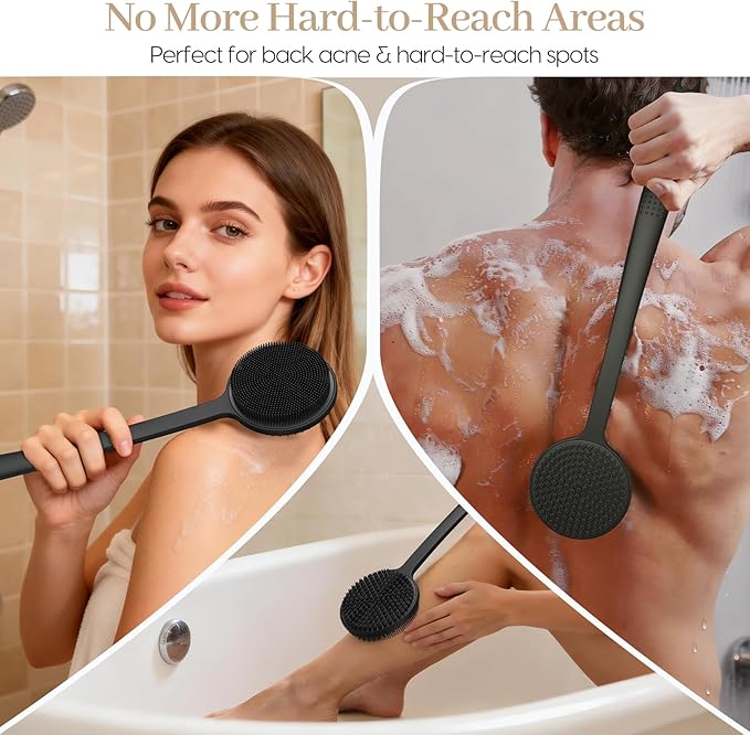 Back Scrubber for Shower & Face Scrubber, 2Pcs Silicone Exfoliating Brush Set with 17In Long Handle, Soft Body & Facial Cleansing Scrubber for Men Women
