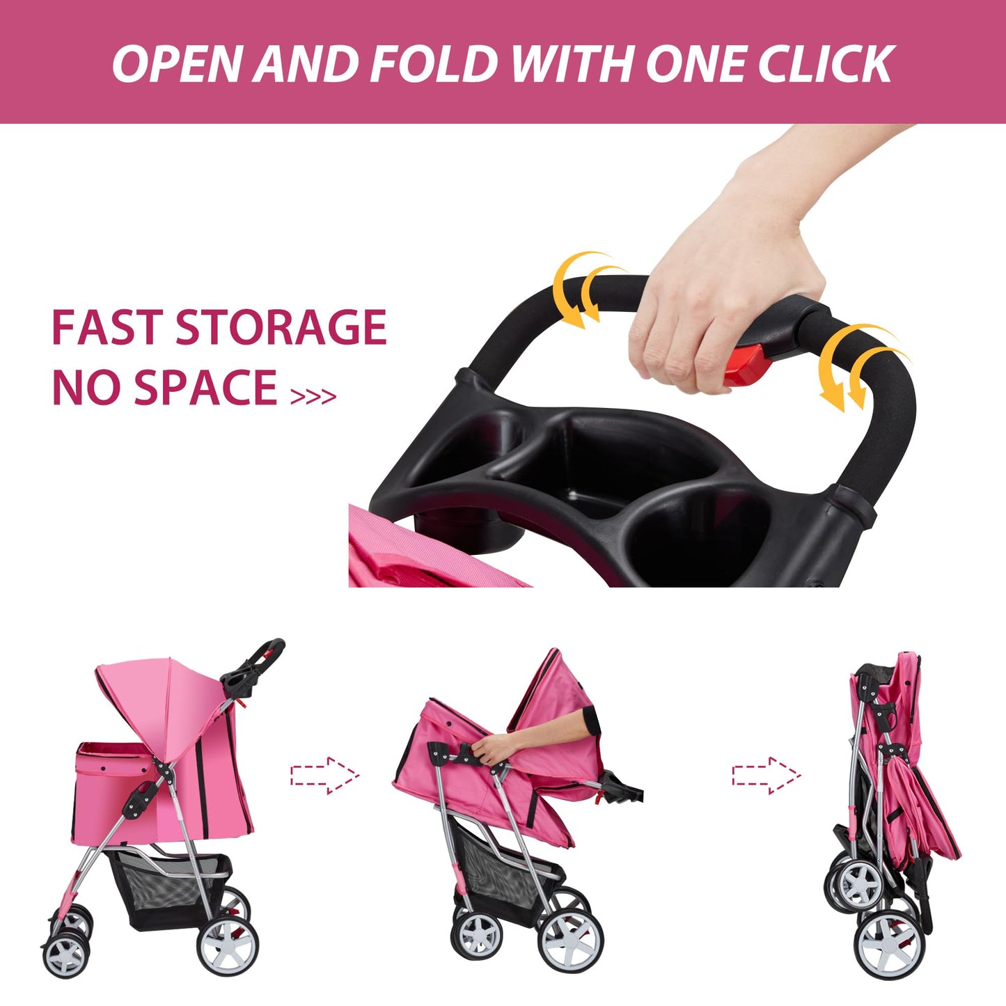 Unisakey 4 Wheels Pet Stroller for Small Medium Dogs Cats 10-33 lbs, Foldable Dog and Cat Stroller with Cup Holder & Storage Basket & Breathable Mesh, Pet Strolling Cart for All-Season, Pink