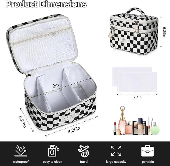 Makeup Bag, Portable Travel Make up Bag, Large Capacity Quilted Cosmetic Organizer Bag, Cute Floral Toiletry Bag for Women Girls
