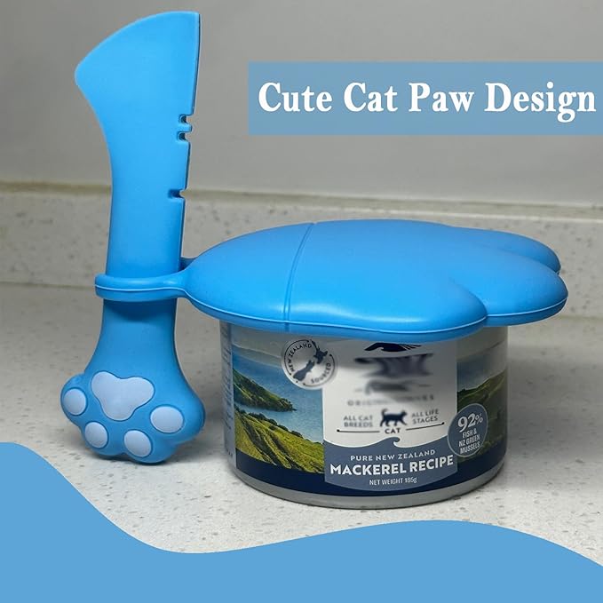 SJANE Cat Food Can Spoons & Can Lids | 4 Pcs | Colorful Multi-Function Opener | Universal Soft Silicone Pet Food Covers | Stainless Steel Wet Food Spatula for Kittens and Dogs(Blue)