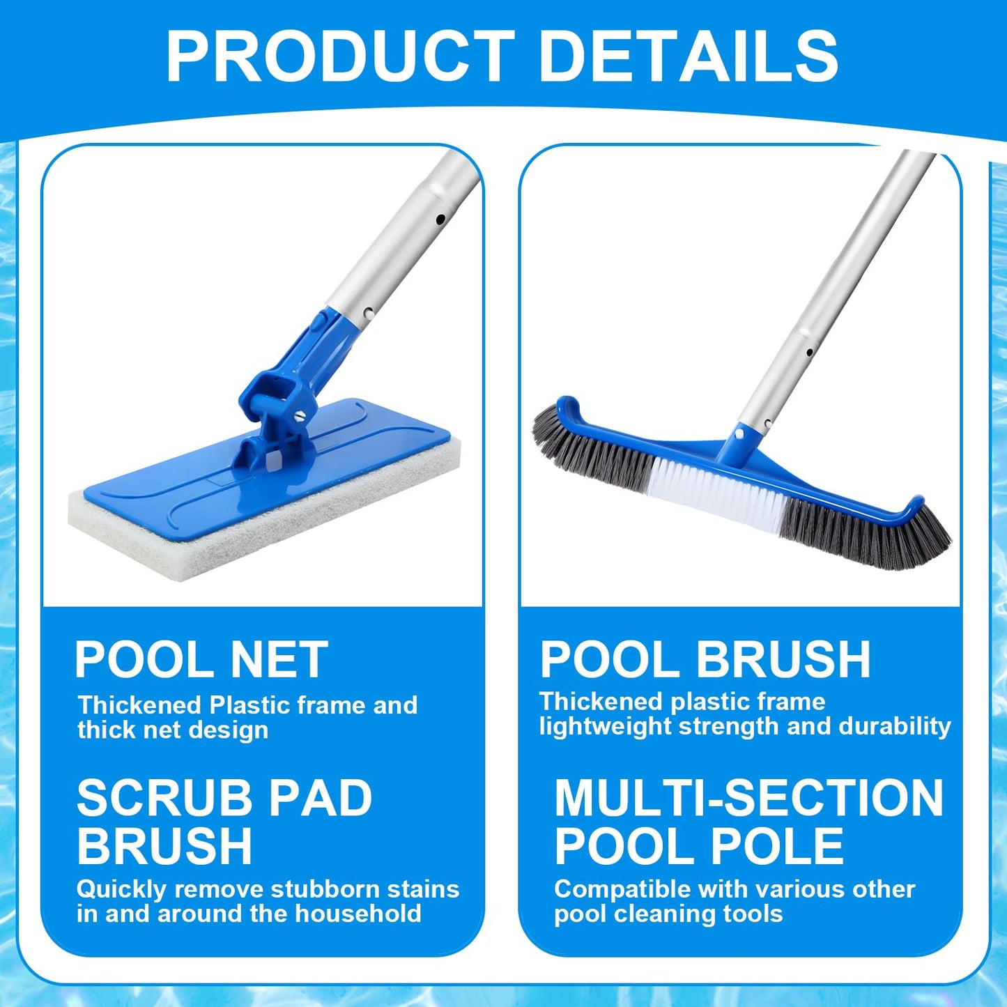 Tioncy 4 Pack Swimming Pool Cleaning Kit Including Pool Cleaning Brush Scrubbing Scouring Sponge Pad Skimmer Leaf Net and 47inch Swimming Pool Cleaning Poles for Inflatable Pool Home Spas Hot Tubs