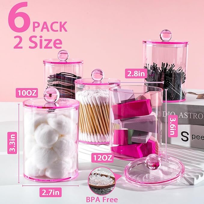 XIPENGKEJI 6 Pack Qtip Holder,Canister Apothecary Jar Set, Bathroom Jars with Lids Set for Cotton Swabs, Balls, Pads, Floss Picks,10oz-12oz Plastic Canisters Restroom Bedroom Vanity Organizer(Pink)