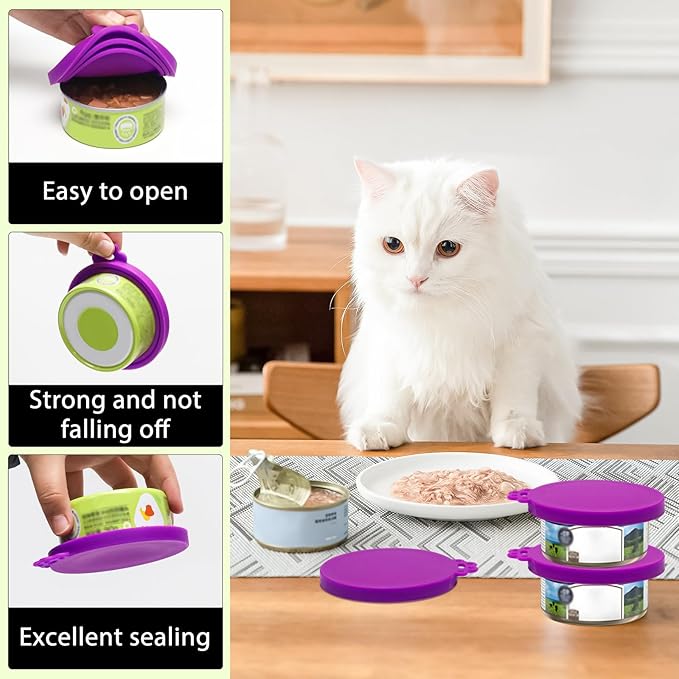 PINE & LINEN 4 Pcs Durable Pet Can Lids,One fit 3 Standard Size Silicone Waterproof Cat Food Cans Lids for 3oz/5.5oz/12.5oz/13.2oz Cat Food Cans（Purple）