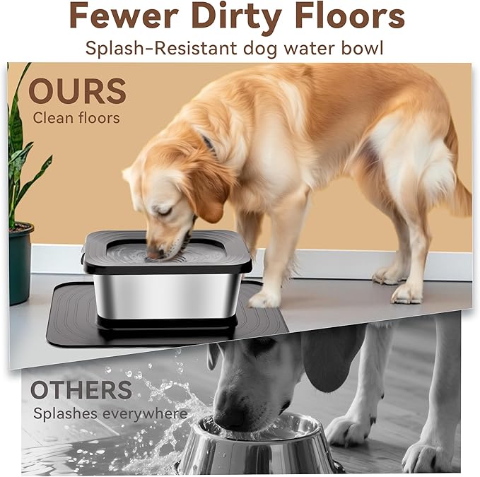 10L No Spill Dog Water Bowl, 2.6 Gal Stainless Steel No Splash Large Dog Water Bowl with Non-Slip Silicone Mat, Spill Proof Slow Drinking Pet Bowls for Messy Drinkers Indoor/Outdoor Use Black