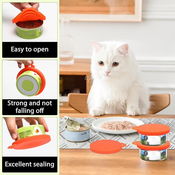 PINE & LINEN 4 Pcs Durable Pet Can Lids,One fit 3 Standard Size Silicone Waterproof Cat Food Cans Lids for 3oz/5.5oz/12.5oz/13.2oz Cat Food Cans（Orange）