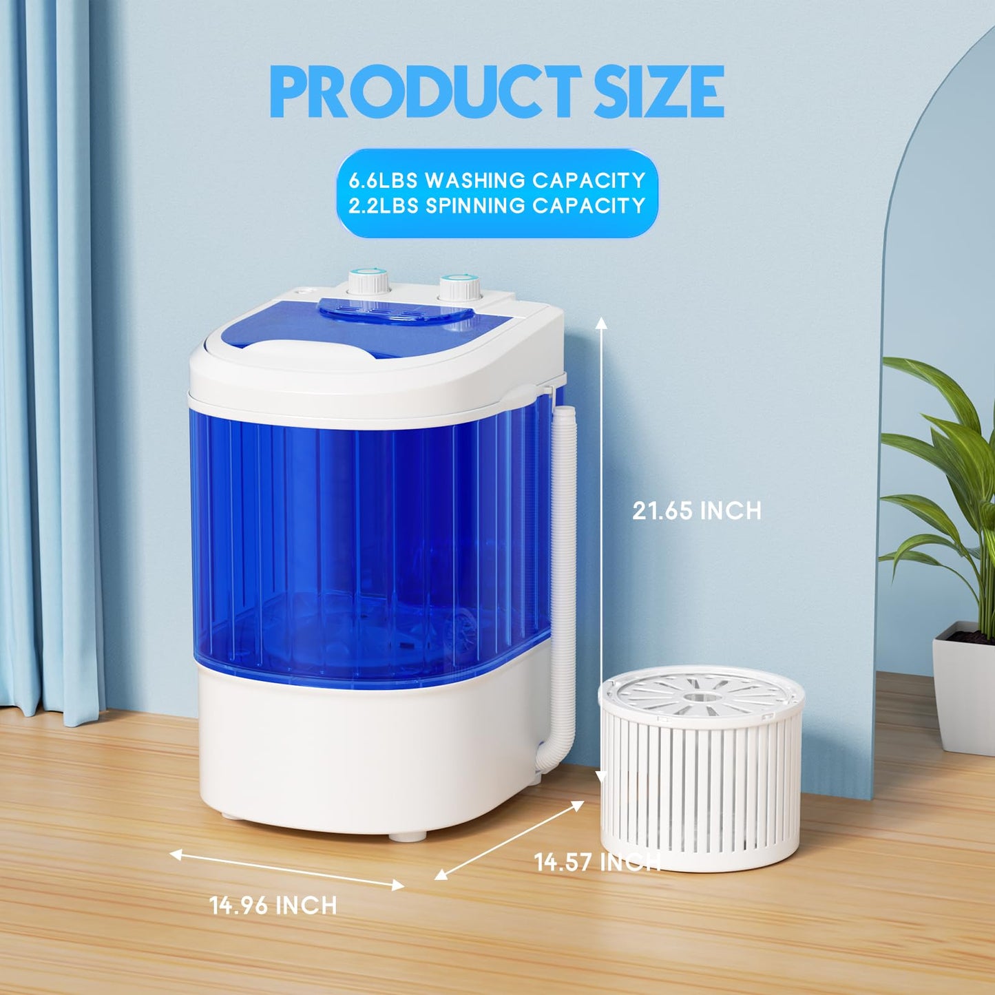 INTERGREAT Portable Washing Machine, 6.6 Lbs Mini Washer Machine, Single Tub Laundry Small Washer for Apartments, Dorms, RV, Traveling (Blue)