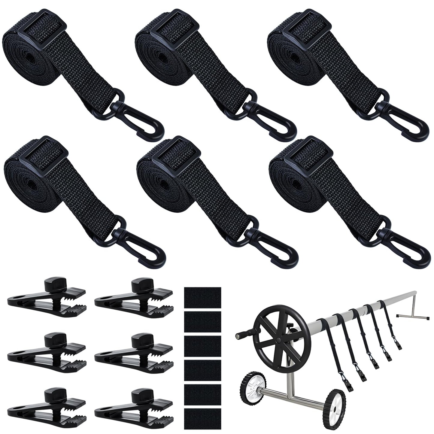 18Pcs Adjustable Length Upgraded Pool Solar Cover Reel Strap Pool Cover Reel Attachment Straps Pool Reel Strap Kit Including 6 Solar Cover Reel Blanket Straps with Hooks,6 Clamps,6 Touch Fastener
