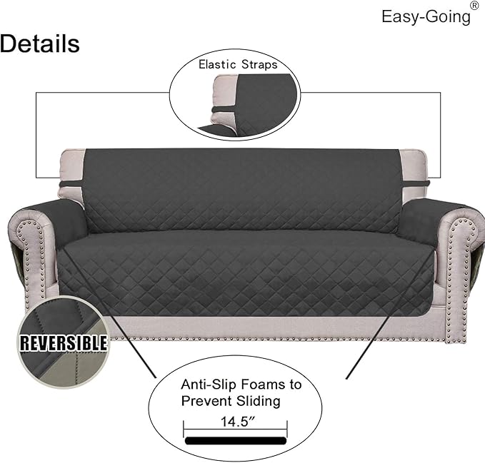 Easy-Going Reversible Loveseat Couch Cover for 2 Cushion Couch Sofa Cover for Dogs Water Resistant Furniture Protector with Foam Sticks Elastic Straps for Pet (Loveseat, Darkgray/Beige)