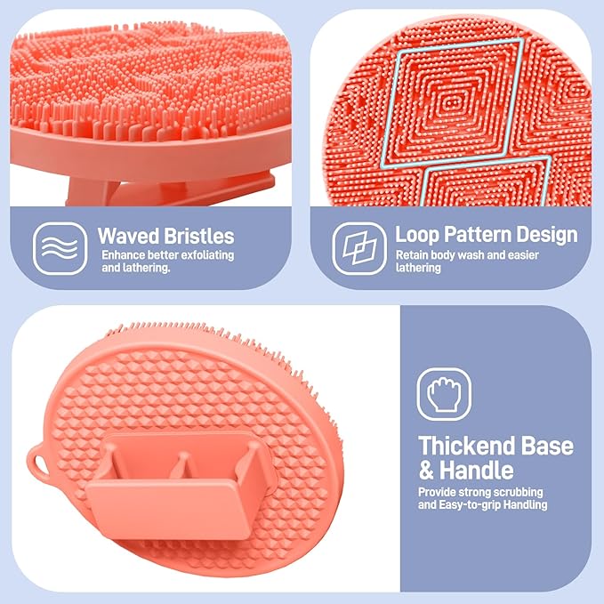 Silicone Body Scrubber 2PCS, Hygienic Silicone Loofah with Waved Bristles and Non-Slip Handle, Durable Body Buffer Shower Scrubber for Gentle Exfoliating & Lathering(Black+Pink)