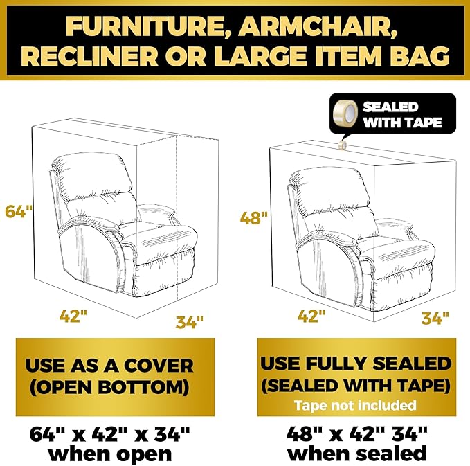 Plastic Furniture Covers for Moving Storage - Heavy-Duty Chair Cover Protectors, Waterproof & Dustproof Clear Moving Bags for Armchair or Recliner - Extra Large Bag Open Size 64 x 42 x 34 Inch