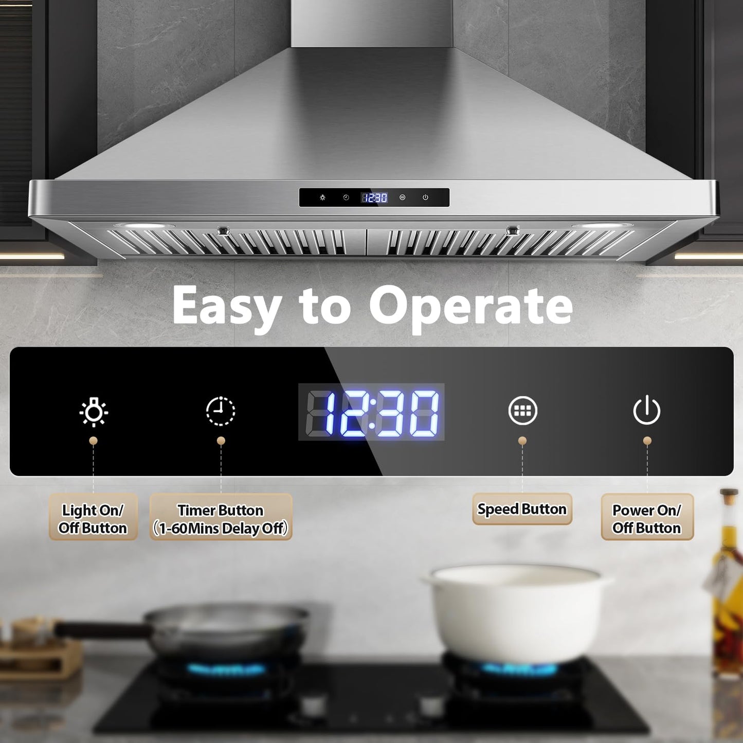 Wall Mount Kitchen Hood 30 inch, Ducted/Ductless Range Hood with Delayed Shutdown Function, 700CFM, 3 Speed Fan, Energy-saving LED Lights, Soft Touch Control, Stainless Steel Grease Filters