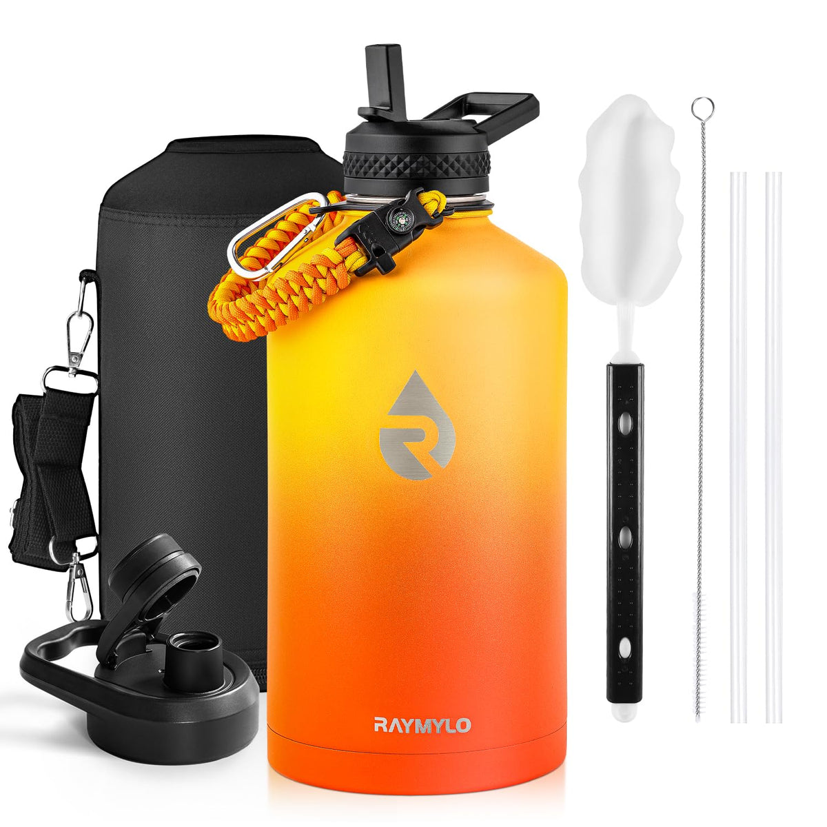 RAYMYLO One Gallon Water Bottle Insulated, Triple Walled Vacuum Stainless Steel (Cold for 48 Hrs), Leak Proof & Non-BPA, Large Water Flask Jug with Paracord Handle & Straw Spout Lids